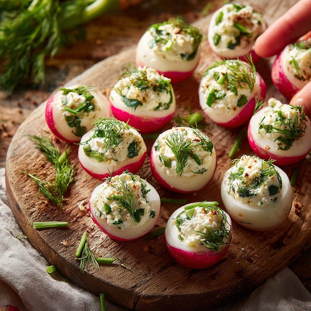 Mit Kräuter-Frischkäse gefüllte Radieschen